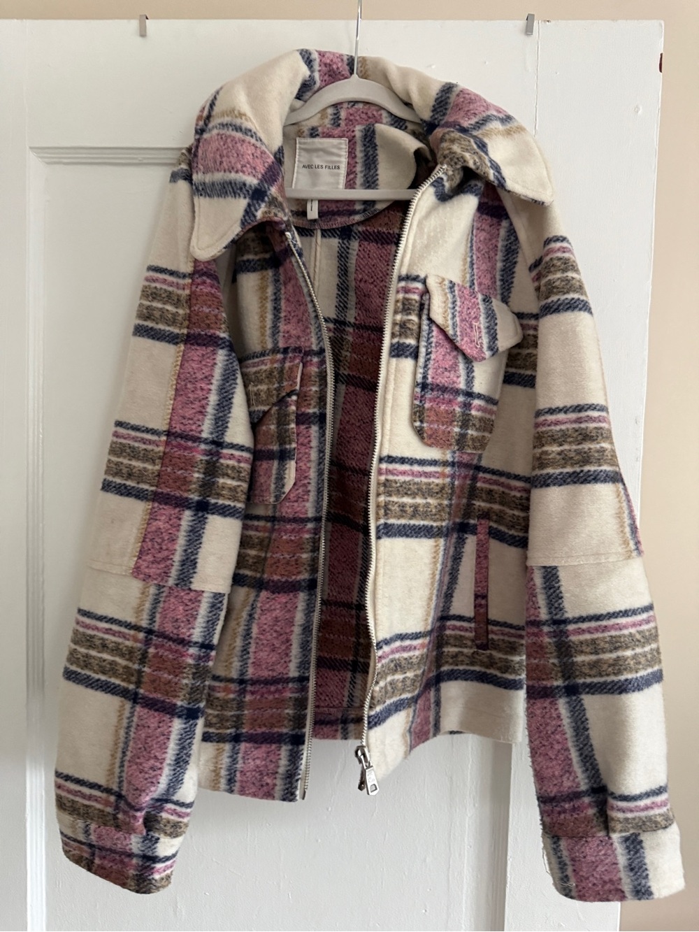 Avec Les Filles Cream Plaid Zip-Front Varsity Jacket with Pink, Blue & Brown